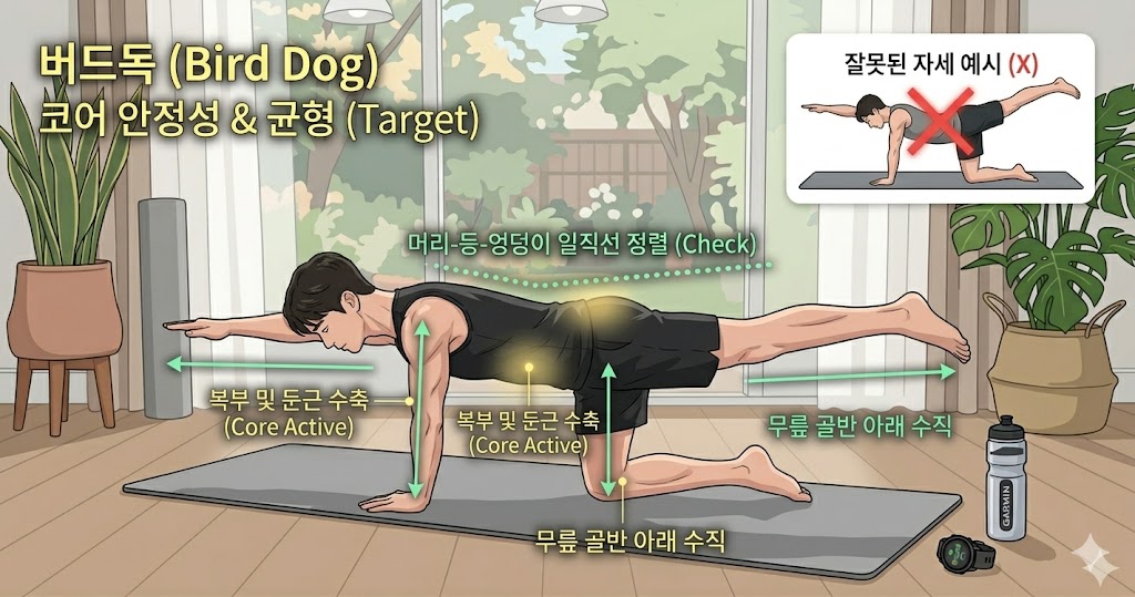 코어 근육을 단단히 하는 버드독 이미지