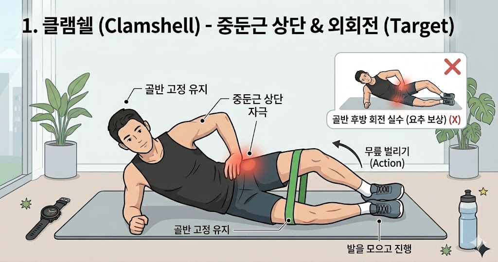 밴드를 활용한 클램쉘 자세 이미지